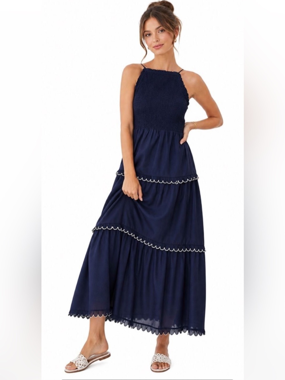 NWT Ann Taylor Navy Blue Tiered Maxi Dress Embroidered White Scalloped Trim XXL